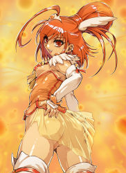Rule 34 | 10s, 1girl, ahoge, ass, ass grab, breasts, breasts out, cleft of venus, cure sunny, eyelashes, grabbing own ass, hair bun, hino akane (smile precure!), hisahiko, magical girl, nipples, no panties, orange background, orange eyes, orange hair, orange theme, precure, pussy, see-through, short hair, single hair bun, small breasts, smile precure!, solo, uncensored