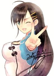 Rule 34 | 1girl, absurdres, artist name, black hair, blade arcus from shining, blue eyes, breasts, cleavage, from side, hair ornament, hairclip, hand up, highres, long hair, looking at viewer, medium breasts, one eye closed, open mouth, pairon, scan, shining (series), shiny skin, signature, simple background, solo, tony taka, upper body, v, white background