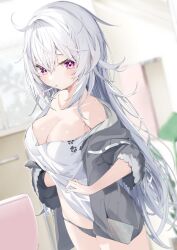 Rule 34 | 1girl, black panties, blurry, blurry background, breasts, cellphone, cleavage, closed mouth, collarbone, commentary request, depth of field, grey hair, grey jacket, hair between eyes, highres, indoors, jacket, kamioka shun&#039;ya, large breasts, long hair, long sleeves, looking at viewer, mouth hold, no pants, off shoulder, open clothes, open jacket, original, panties, phone, purple eyes, shiori (kamioka shun&#039;ya), shirt, solo, standing, underwear, very long hair, white shirt