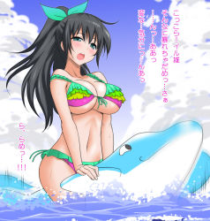 Rule 34 | 1girl, bad id, bad pixiv id, bikini, black hair, blue eyes, blush, bow, breasts, cleavage, cloud, day, dolphin, front-tie top, ganaha hibiki, hair bow, high ponytail, idolmaster, idolmaster (classic), large breasts, long hair, marugoshi teppei, open mouth, ponytail, sky, solo, strap slip, swimsuit, translation request, underboob, water, wet
