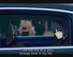 Rule 34 | 1girl, blue hair, bocchi the rock!, car, car interior, closed mouth, commentary, ear piercing, english text, highres, looking at viewer, machuuu68, mole, mole under eye, motor vehicle, on vehicle, piercing, yamada ryo, yellow eyes