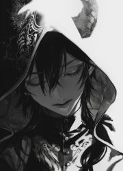 Rule 34 | 1boy, au (d elete), closed eyes, closed mouth, commentary request, facing viewer, hair between eyes, hood, hood up, jacket, lips, male focus, malleus draconia, medium hair, monochrome, portrait, solo, twisted wonderland