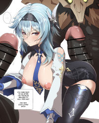 Rule 34 | ..., 1girl, 2boys, absurdres, all fours, bar censor, between breasts, black skin, blue hair, blush, breasts, censored, colored skin, english text, eula (genshin impact), frown, genshin impact, group sex, hairband, highres, huge penis, imminent rape, kneeling, large breasts, leotard, lhofi, looking to the side, mask, mitachurl, monster, multiple boys, necktie, necktie between breasts, nipples, penis, shiny skin, sweatdrop, thighhighs, thought bubble, threesome