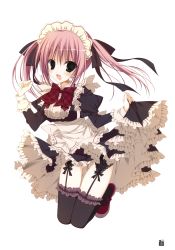 Rule 34 | 1girl, :d, absurdres, black thighhighs, blue eyes, clothes lift, dress, dress lift, frilled dress, frilled thighhighs, frills, garter straps, highres, inugami kira, long hair, maid, maid headdress, open mouth, pink hair, smile, solo, thighhighs
