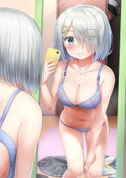 Rule 34 | 1boy, 1girl, absurdres, admiral (kancolle), blue eyes, blush, bra, breasts, cellphone, cleavage, unworn clothes, collarbone, commentary request, door, eyes visible through hair, grey skirt, hair ornament, hair over one eye, hairclip, hamakaze (kancolle), highres, holding, holding phone, indoors, kantai collection, mirror, navel, nedia (nedia region), panties, phone, pleated skirt, reflection, short hair, silver hair, skirt, unworn skirt, smartphone, solo focus, underwear, underwear only