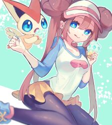 Rule 34 | 1girl, blue eyes, blurry, bow, bright pupils, brown hair, casteliacone, closed mouth, collarbone, commentary request, creatures (company), double bun, doughnut hair bun, eyelashes, food, game freak, gen 5 pokemon, green background, hair bun, highres, holding, holding spoon, hottomiruku, ice cream, legendary pokemon, licking lips, mythical pokemon, nintendo, outline, pantyhose, pantyhose under shorts, partial commentary, pink bow, pokemon, pokemon (creature), pokemon bw2, raglan sleeves, rosa (pokemon), shirt, shoes, shorts, sitting, smile, sneakers, spoon, tongue, tongue out, twintails, victini, visor cap, white pupils, yellow shorts