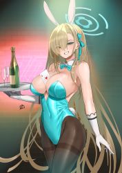 Rule 34 | 1girl, absurdres, animal ears, asuna (blue archive), asuna (bunny) (blue archive), bare shoulders, between breasts, blue archive, blue eyes, blue leotard, blush, bow, bowtie, breasts, brown pantyhose, c-da, card, champagne bottle, champagne flute, cleavage, cup, detached collar, drinking glass, elbow gloves, fake animal ears, gloves, grin, hair over one eye, halo, highleg, highleg leotard, highres, large breasts, leotard, light brown hair, long hair, looking at viewer, mole, mole on breast, pantyhose, playboy bunny, playing card, rabbit ears, smile, solo, thighs, traditional bowtie, tray, white gloves