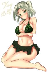 Rule 34 | 10s, 1girl, adapted costume, bare legs, bare shoulders, barefoot, bikini, bikini top only, black skirt, blush, breast hold, breasts, camouflage, character name, cleavage, closed mouth, dated, full body, green bikini, green eyes, imu (senran kagura), knees together feet apart, large breasts, looking at viewer, navel, no eyewear, noeomi, senran kagura, senran kagura shinovi versus, silver hair, sitting, skirt, solo, stomach, swimsuit, two side up, wariza, white background