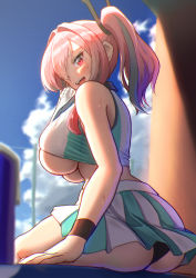 Rule 34 | 1girl, :d, aqua skirt, ass, azur lane, bare shoulders, black hair, black panties, blue sky, blurry, blurry background, blurry foreground, blush, bottle, breasts, bremerton (azur lane), bremerton (scorching-hot training) (azur lane), crop top, day, depth of field, from behind, hair intakes, hair over one eye, huge breasts, large breasts, long hair, looking at viewer, looking back, maku ro, multicolored hair, official alternate costume, open mouth, outdoors, panties, pantyshot, pink hair, red eyes, sitting, skirt, sky, sleeveless, smile, solo, streaked hair, sweat, sweatband, teeth, twintails, two-tone hair, two-tone skirt, underboob, underwear, upper teeth only, upskirt, white skirt, wiping sweat