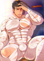 Rule 34 | 1boy, abs, absurdres, bandages, bara, black hair, bulge, crow (siranui), facial hair, fire, halloween costume, halo, hand in own hair, highres, large pectorals, male focus, manly, mummy costume, muscular, nipples, pectorals, sexually suggestive, short hair, simple background, solo, stubble, thick thighs, thighs, tokyo houkago summoners, upper body, yellow eyes, zabaniyya (halloween) (housamo), zabaniyya (housamo)