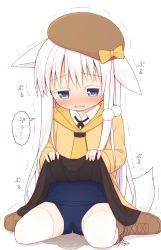 Rule 34 | 1girl, animal ears, ayanepuna, beret, black skirt, blouse, blue eyes, blue one-piece swimsuit, boots, bow, brown footwear, brown hat, brown jacket, brown neckerchief, clothes lift, collared shirt, colored eyelashes, cross-laced footwear, dress shirt, full body, hair between eyes, hat, hat bow, highres, jacket, lace-up boots, lifted by self, long hair, neckerchief, old school swimsuit, one-piece swimsuit, original, pee, peeing, peeing self, pleated skirt, school swimsuit, shadow, shio (ayanepuna), shirt, sitting, skirt, skirt lift, solo, swimsuit, swimsuit under clothes, tail, thighhighs, thighhighs under boots, translation request, very long hair, wariza, white background, white hair, white shirt, white thighhighs, yellow bow