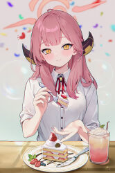 Rule 34 | 1girl, absurdres, aru (blue archive), blue archive, blush, breasts, cake, cake slice, commentary, demon horns, drink, food, fork, halo, heart, highres, holding, holding fork, horns, incoming food, junshijijiu, light smile, looking at viewer, neck ribbon, pink hair, red ribbon, ribbon, shirt, small breasts, solo, strawberry shortcake, upper body, white shirt