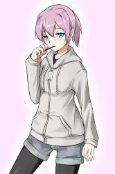 Rule 34 | 1girl, armedshipyard, black pantyhose, blue eyes, casual, cat zipper, cowboy shot, food, grey shorts, hand up, hood, hood down, hoodie, kantai collection, long sleeves, looking at viewer, mouth hold, official alternate costume, pantyhose, pink background, pink hair, pocket, pocky, ponytail, shiranui (kancolle), short shorts, shorts, solo, zipper