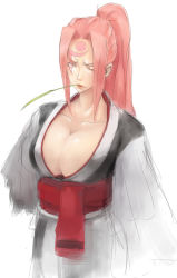 Rule 34 | 1girl, amputee, arc system works, bad id, bad pixiv id, baiken, breasts, chabo (pmajpmaj), cleavage, drinking straw, facial tattoo, female focus, guilty gear, huge breasts, japanese clothes, kataginu, kimono, lips, long hair, mouth hold, obi, one-eyed, open clothes, open kimono, pink hair, ponytail, sash, scar, scar across eye, scar on face, sketch, solo, tattoo, yellow eyes