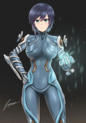 Rule 34 | 1girl, artist name, black hair, blue eyes, blush, bodysuit, breasts, character request, covered navel, eyes visible through hair, frown, hair between eyes, highres, large breasts, looking at viewer, mag (warframe), short hair, skin tight, solo, tight clothes, warframe, watermark, zxpfer