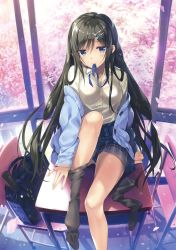 Rule 34 | 1girl, absurdres, arm at side, bag, bare legs, black hair, black thighhighs, blue cardigan, blue ribbon, blue skirt, blush, breasts, cardigan, chair, cherry blossoms, classroom, closed mouth, collared shirt, day, desk, feet out of frame, grey shirt, hair ornament, hairclip, highres, indoors, knee up, long hair, long sleeves, looking at viewer, medium breasts, miniskirt, neck ribbon, off shoulder, on table, open cardigan, open clothes, original, oryo (oryo04), panties, pantyshot, petals, plaid, plaid skirt, ribbon, scan, school bag, school chair, school desk, school uniform, shirt, single thighhigh, sitting, skirt, sleeves past wrists, smile, solo, swept bangs, table, thighhighs, thighhighs pull, unworn thighhighs, tree, unbuttoned, underwear, undressing, upskirt, very long hair, white panties, window