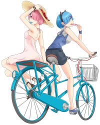 Rule 34 | 10s, 2girls, alternate costume, animal ears, arm support, bare shoulders, bicycle, bicycle basket, blue eyes, blue hair, breasts, cat ears, contemporary, dress, food, hair ornament, hair over one eye, hat, highres, holding, holding clothes, holding hat, looking at viewer, medium breasts, multiple girls, multiple riders, pink eyes, pink hair, popsicle, ram (re:zero), re:zero kara hajimeru isekai seikatsu, rem (re:zero), saruno (eyesonly712), shoes, short hair, shorts, siblings, sidesaddle, sisters, sneakers, strapless, strapless dress, straw hat, suspenders, twins, white background, x hair ornament