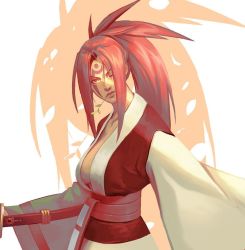 Rule 34 | 1girl, baiken, breasts, closed mouth, commentary, facial mark, guilty gear, japanese clothes, katana, kimono, large breasts, long skirt, looking at viewer, mouth hold, nikusenpai, obi, one eye closed, pink eyes, pink hair, ponytail, sash, scar, skirt, solo, sword, upper body, weapon