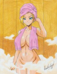 Rule 34 | 1girl, 2023, absurdres, android 18, arm up, artist name, blonde hair, blue eyes, breasts, censored, collarbone, convenient censoring, dragon ball, dragonball z, earrings, female focus, highres, huge breasts, indoors, jewelry, navel, nude, ravernclouk design, solo, standing, steam, steam censor, towel, towel around neck, towel on head, towel over breasts, traditional media