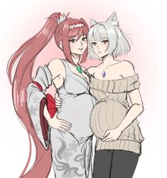Rule 34 | absurdres, animal ears, black leggings, bow, braid, cat ears, core crystal (xenoblade), glimmer (xenoblade), headband, highres, japanese clothes, kimono, leggings, mio (xenoblade), ponytail, pregnant, red hair, siblings, silver hair, sisters, sweater, xenoblade chronicles (series), xenoblade chronicles 3