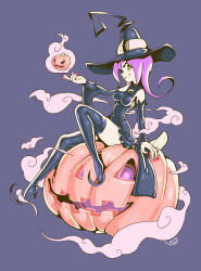 Rule 34 | 1girl, absurdres, ass, blair (soul eater), breasts, curvy, flipped hair, full body, hair between eyes, hat, highres, large breasts, long hair, pumpkin, purple hair, shiny skin, sitting, smile, solo, soul eater, specterwhite, wide hips, witch hat, yellow eyes
