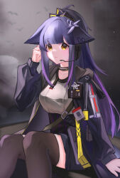 Rule 34 | 1girl, absurdres, animal ears, arknights, black choker, black thighhighs, blunt bangs, cat ears, cat girl, chinese commentary, choker, coat, collarbone, commentary request, feet out of frame, hair ornament, headset, highres, id card, implied extra ears, jessica (arknights), jessica the liberated (arknights), long hair, long sleeves, looking at viewer, official alternate costume, open clothes, open coat, parted lips, ponytail, purple coat, purple shorts, shirt, shorts, solo, thighhighs, very long hair, white shirt, wumimiao, yellow eyes