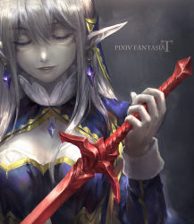 Rule 34 | 1girl, cleavage cutout, clothing cutout, earrings, eyelashes, closed eyes, facial mark, fantasy, holding, jewelry, kzcjimmy, lips, lipstick, long hair, makeup, original, pixiv fantasia, pixiv fantasia t, pointy ears, silver hair, smile, solo, sword, upper body, weapon
