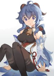 Rule 34 | 1girl, ahoge, bare shoulders, bell, black legwear, blue hair, breasts, chinese knot, detached sleeves, flower knot, ganyu (genshin impact), genshin impact, gold trim, highres, horns, knees up, long hair, looking at viewer, medium breasts, neck bell, no gloves, open mouth, purple eyes, ruisha, sidelocks, sitting, solo, thighlet, vision (genshin impact), white sleeves