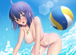 1girl absurdres ahoge ball beachball blue_eyes blue_hair blush breasts c.i.e.l_(fate) ciel_(tsukihime) collarbone cross cross_necklace fate/grand_order fate_(series) highres jewelry large_breasts longdq3008 looking_at_viewer navel necklace nipples nude open_mouth short_hair solo thighs