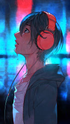 Rule 34 | 10s, 1boy, :o, black hair, blush, cable, collarbone, denim, dripping, expressionless, free!, from side, hair between eyes, headphones, highres, jacket, jeans, long sleeves, looking afar, looking up, male focus, nana nakano, nanase haruka (free!), open clothes, open jacket, pants, parted lips, profile, shirt, solo, t-shirt, teeth, unzipped, upper body, water, water drop, wet, wet clothes, wet hair, wet jacket, wet shirt, wet shirt, white shirt