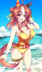 Rule 34 | 1girl, ahoge, alternate costume, animal ears, beach, bead bracelet, beads, blue sky, blush, bracelet, breasts, brown hair, cleavage, cloud, cloudy sky, commentary request, copano rickey (umamusume), criss-cross halter, double bun, ear covers, fang, feet out of frame, fingernails, hair between eyes, hair bun, hair ornament, halterneck, horse ears, horse girl, horse tail, jewelry, large breasts, looking at viewer, medium hair, multicolored hair, ocean, one-piece swimsuit, open mouth, outdoors, partially submerged, pink eyes, red eyes, sayossa (pak-front), sky, smile, solo, sparkle, streaked hair, swimsuit, tail, thigh strap, umamusume, water, wet, white hair, yellow one-piece swimsuit