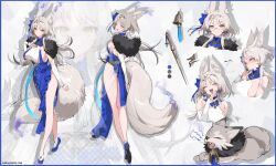 Rule 34 | 1girl, absurdres, animal ears, ass, bare legs, bare shoulders, bell, blue dress, blue footwear, blush, breasts, brown eyes, closed mouth, detached sleeves, dress, feather boa, fox ears, fox girl, fox tail, from behind, full body, glasses, gradient hair, hair ornament, hairpin, hand on own chest, hand up, highres, indie virtual youtuber, large breasts, legs, long hair, long legs, long sleeves, looking at viewer, looking back, low ponytail, multicolored hair, multiple views, no bra, nose blush, ojou-sama pose, pelvic curtain, rimless eyewear, see-through, shawl, shisantian, shoes, sideboob, sleeveless, sleeveless dress, smile, smug, socks, standing, tail, thighs, v-shaped eyebrows, very long hair, virtual youtuber, white hair, white socks, yu ling, zoom layer