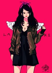 Rule 34 | 1girl, black dress, black hair, brown jacket, character name, commentary, cowboy shot, dated, dress, headband, highres, jacket, laki (one piece), long hair, looking to the side, one piece, pink background, red lips, sherumaru (korcht06), short dress, sidelocks, solo, v-shaped eyebrows, wings
