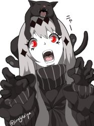 Rule 34 | 10s, 1girl, abyssal ship, aircraft carrier water oni, animal, animal on head, bad id, bad pixiv id, boushi-ya, cat, cat on head, colored skin, hair ornament, kantai collection, long hair, looking at viewer, on head, open mouth, red eyes, silver hair, white skin