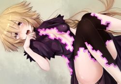 Rule 34 | 10s, 1girl, alternate costume, arched back, black thighhighs, blonde hair, blush, braid, breasts, cleavage, crying, crying with eyes open, digital dissolve, fake screenshot, fate/apocrypha, fate/extra, fate/extra ccc, fate (series), jeanne d&#039;arc (fate), jeanne d&#039;arc (ruler) (fate), knees together feet apart, long hair, looking at viewer, lying, moaning, open mouth, parody, purple eyes, small breasts, solo, tears, thighhighs, torn clothes, torn thighhighs, tusia