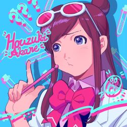 Rule 34 | 1girl, ?, ??, ace attorney, bad id, bad twitter id, blue background, blue eyes, bow, brown hair, character name, closed mouth, collared shirt, commentary, ema skye, ema skye (aa1), english commentary, eyewear on head, glasses, hair bun, half updo, hand up, holding, holding pen, inactive account, index finger raised, long hair, looking to the side, pen, red bow, shirt, sidelocks, solo, upper body, vivi95862484