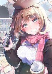 Rule 34 | 1girl, blush, breasts, brown hair, can, canned coffee, cellphone, coffee, drink, drink can, green eyes, heart, highres, holding, holding can, kanola u, looking at viewer, medium breasts, original, phone, scarf, smartphone, smile, solo, symbol-shaped pupils