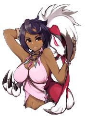 Rule 34 | 1girl, absurdres, arm behind head, arm up, bad id, bad pixiv id, bare arms, bare shoulders, black eyes, black hair, blush, bracelet, breasts, bright pupils, claws, cleavage, collarbone, creatures (company), dark-skinned female, dark skin, diamond (shape), earrings, elite four, eyelashes, fingernails, game freak, gem, gen 7 pokemon, grin, groin, highres, island kahuna, jewelry, large breasts, lips, lycanroc, lycanroc (midnight), navel, neck ring, necklace, nintendo, no bra, okome (okomeboy), olivia (pokemon), pink lips, pink shirt, pokemon, pokemon (creature), pokemon sm, shirt, short hair, sideboob, simple background, smile, tank top, upper body, white background, wolf, z-ring
