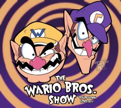 Rule 34 | 2boys, big nose, clenched teeth, commentary, datoonie, english commentary, english text, facial hair, hat, looking at viewer, male focus, mario (series), multiple boys, mustache, nintendo, pointy ears, raised eyebrows, spiral background, teeth, waluigi, wario