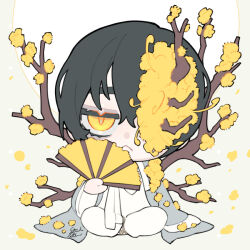 Rule 34 | 1boy, :&lt;, black hair, chibi, closed mouth, coat, flower, folding fan, grey coat, hair flower, hair ornament, hand fan, holding, holding fan, limbus company, long sleeves, looking at viewer, pants, project moon, satome setsuko, simple background, sitting, solo, white background, white hanbok, white pants, yellow eyes, yellow flower, yi sang (project moon)
