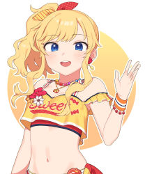 Rule 34 | 1girl, :d, bare shoulders, beads, blonde hair, blue eyes, blush, bracelet, breasts, chiyoko (tykchiyo), collarbone, commentary request, crop top, earrings, hair ornament, hair ribbon, hand up, highres, idolmaster, idolmaster cinderella girls, jewelry, long hair, looking at viewer, medium breasts, midriff, navel, necklace, ohtsuki yui, open mouth, orange background, polka dot, polka dot ribbon, ponytail, ribbon, short sleeves, side ponytail, sidelocks, smile, solo, stomach, striped ribbon, teeth, two-tone background, upper body, upper teeth only, wavy hair, white background, wristband