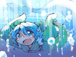 Rule 34 | 1girl, blue eyes, blue hair, bubble, drill hair, fins, head fins, japanese clothes, kimono, long sleeves, matching hair/eyes, mermaid, monster girl, obi, open mouth, sash, shinapuu, short hair, sketch, smile, solo, touhou, underwater, wakasagihime, wide sleeves