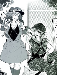 Rule 34 | 2girls, blush, boots, bottle, breasts, camouflage, camouflage pants, camouflage shirt, chain-link fence, closed mouth, collared shirt, commentary request, dress, eyepatch, feet out of frame, fence, flat cap, gloves, goggles, goggles on headwear, greyscale, hair bobbles, hair ornament, hat, highres, jewelry, kawashiro nitori, key, key necklace, knee boots, large breasts, leaf, looking at another, medium hair, monochrome, multiple girls, necklace, open mouth, pants, pocket, ryuuichi (f dragon), shirt, short sleeves, sitting, smile, standing, touhou, undershirt, water bottle, yamashiro takane