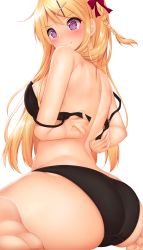 Rule 34 | 1girl, @ @, ass, back, bare shoulders, black bra, black panties, blonde hair, blush, bow, bra, braid, breasts, closed mouth, commentary request, from behind, hair ornament, hairclip, highres, kin-iro mosaic, kujou karen, large breasts, long hair, looking back, minato ojitan, panties, purple eyes, simple background, sitting, solo, strap slip, tearing up, tears, trembling, underwear, underwear only