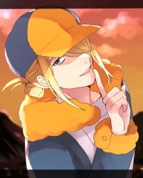 Rule 34 | 1boy, blonde hair, blue eyes, cloud, commentary request, creatures (company), game freak, grey jumpsuit, hair over one eye, hand up, hat, highres, index finger raised, jumpsuit, letterboxed, long sleeves, looking at viewer, male focus, nintendo, norisukep, open mouth, outdoors, pokemon, pokemon legends: arceus, short hair, sky, smile, solo, teeth, tongue, twilight, upper teeth only, volo (pokemon), yellow hat