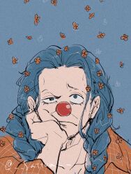 Rule 34 | 1boy, abunaideka, blue background, blue eyes, blue hair, braid, buggy the clown, clown, clown nose, commentary request, facial hair, hand on own face, highres, long hair, looking at viewer, male focus, one piece, orange shirt, red nose, shirt, signature, simple background, twin braids, upper body