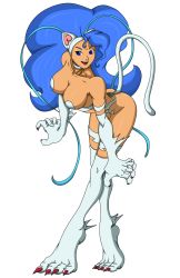 Rule 34 | 1girl, animal ears, animal hands, ass, bent over, blue eyes, blue hair, breasts, capcom, cat ears, cat girl, cat tail, claws, cleavage, collarbone, fang, felicia (vampire), flowerinhell, hair ribbon, highres, large breasts, long hair, looking at viewer, open mouth, ribbon, smile, standing, tail, teeth, transparent background, vampire (game), white fur