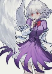 Rule 34 | 1girl, blush, bow, bowtie, breasts, center frills, closed mouth, collared shirt, cowboy shot, finger to mouth, frills, grey background, hand up, heoningu, highres, jacket, kishin sagume, long sleeves, looking at viewer, medium breasts, off shoulder, petticoat, purple shirt, purple skirt, red bow, red bowtie, red eyes, shirt, short hair, simple background, single wing, skirt, skirt set, smile, solo, touhou, white hair, white jacket, white wings, wing collar, wings