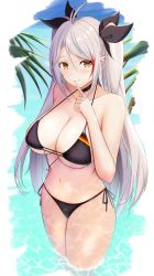 Rule 34 | 1girl, absurdres, antenna hair, azur lane, bare arms, bare shoulders, bikini, black bikini, black choker, black ribbon, blush, breasts, choker, collarbone, commentary request, finger to mouth, hair ribbon, hand up, highres, large breasts, long hair, looking at viewer, multicolored hair, navel, official alternate costume, partial commentary, prinz eugen (azur lane), prinz eugen (unfading smile) (azur lane), red hair, ribbon, side-tie bikini bottom, smile, solo, standing, stomach, streaked hair, swimsuit, thighs, two side up, very long hair, wading, water, white hair, yellow eyes, yumemin (yumemi5140)