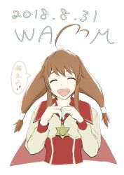 Rule 34 | 1girl, ahoge, brown hair, cape, commentary request, dress, hair ornament, hairband, heart, heart hands, highres, lilka eleniak, long hair, low-tied long hair, open mouth, sidelocks, simple background, smile, solo, twintails, white background, wild arms, wild arms 2, yuriaki (yuriaki8)